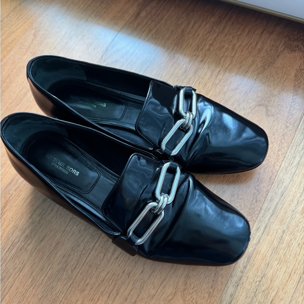 Michael Kors Black Leather Loafers with Silver Buckle